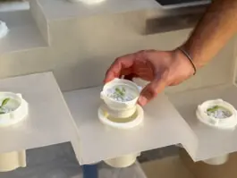 Future Fountain: Hand setzt einen Pflanz-Pod in das Modul
